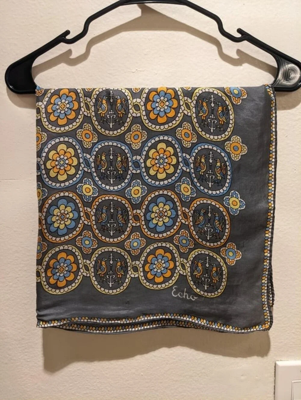 Vintage Echo 100% Silk Scarf Gray Blue Yellow Floral Bird Medallion Retro CC